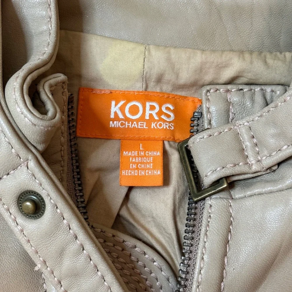 Michael Kors Leather Jacket Women L Tan Beige Vintage Y2K Moto Biker Zip Pocket